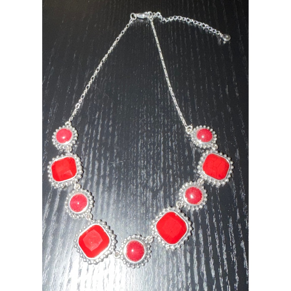 Women's Red Statement Necklace Silver Tone‎ Beaded Adjustable Chain Boho Chic